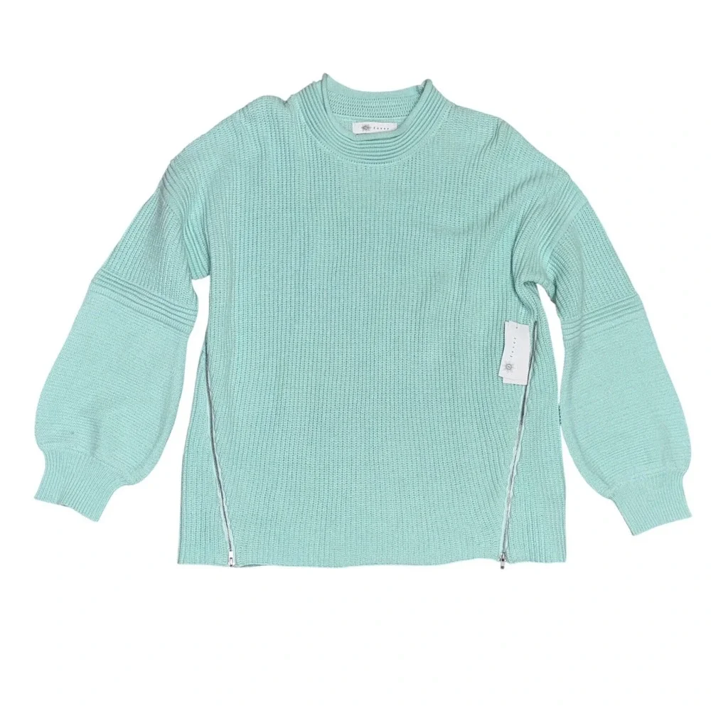 Fever Sweater Dusty Aqua Mock Neck Balloon Sleeve Chunky Knit Zipper‎ Sz XL NWT